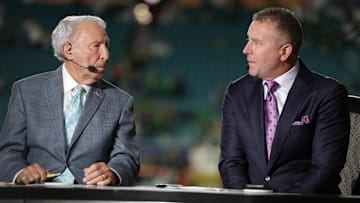 Jan 9, 2025; Miami, FL, USA; ESPN analysts Lee Corso and Kirk Herbstreit before the game between the Notre Dame Fighting Irish and the Penn State Nittany Lions in the Orange Bowl.