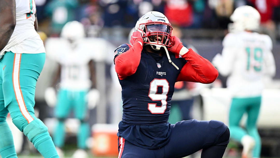 Jan 1, 2023; Foxborough, Massachusetts, USA; New England Patriots linebacker Matthew Judon (9) reacts after a sack against the Miami Dolphins during the second half at Gillette Stadium. Mandatory Credit: Brian Fluharty-Imagn Images