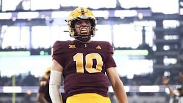 Dec 7, 2024; Arlington, TX, USA; Arizona State Sun Devils quarterback Sam Leavitt (10) reacts after running for a touchdown during the first quarter against the Iowa State Cyclones at AT&T Stadium. Mandatory Credit: Kevin Jairaj-Imagn Images