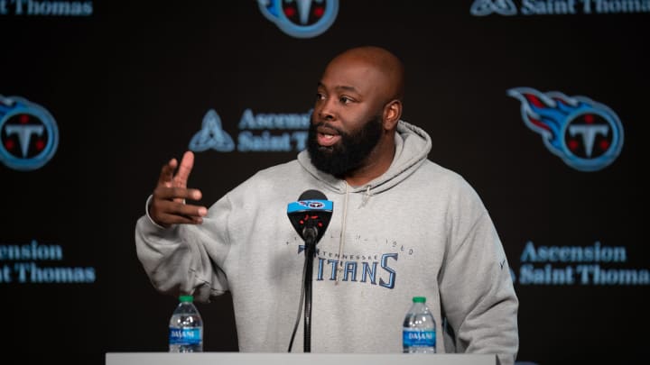 Tennessee Titans General Manager Ran Carthon fields questions at a press conference at Ascension Saint Thomas Sports Park Tuesday morning, April 2, 2024.