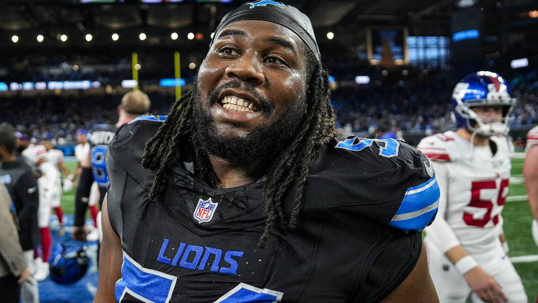 Detroit Lions defensive tackle Alim McNeill (54) celebrates 34-27 win over New York Giants at Ford Field in Detroit on Sunday, Nov. 23, 2025.