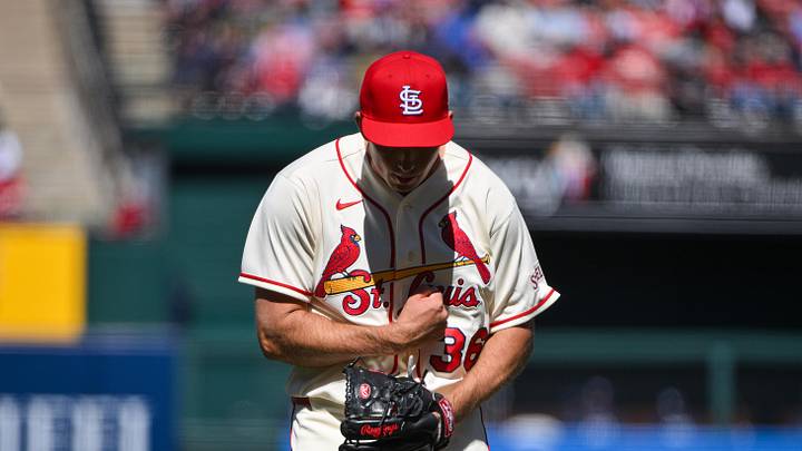 Mar 28, 2026; St. Louis, Missouri, USA; St. Louis Cardinals starting pitcher Michael McGreevy (36) reacts as he walks off the field after the fourth inning against the Tampa Bay Rays at Busch Stadium. Mandatory Credit: Jeff Curry-Imagn Images