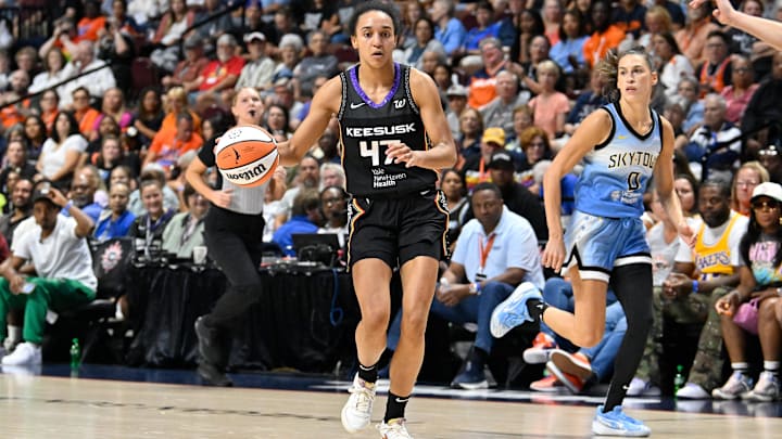 Aug 13, 2025; Uncasville, Connecticut, USA; Connecticut Sun guard Leila Lacan (47) dribbles the ball against the Chicago Sky during the second half at Mohegan Sun Arena.