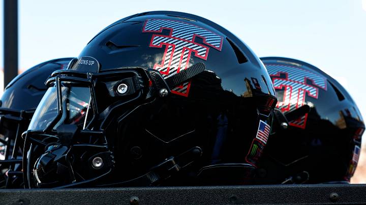 Sep 18, 2026; Lubbock, Texas, USA;  A detailed view of the Texas Tech Red Raiders helmets on the bench before the game against the Houston Cougars at Galaxy Stadium. Mandatory Credit: Michael C. Johnson-Imagn Images