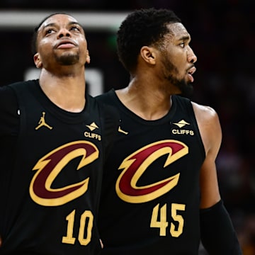 May 13, 2025; Cleveland, Ohio, USA; Cleveland Cavaliers guard Darius Garland (10) and guard Donovan Mitchell (45) react during the second half against the Indiana Pacers in game five of the second round for the 2025 NBA Playoffs at Rocket Arena. Mandatory Credit: Ken Blaze-Imagn Images