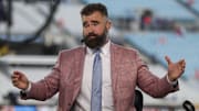 Oct 6, 2025; Jacksonville, Florida, USA; ESPN Monday Night Football Countdown analyst Jason Kelce broadcast before a game against between the Jacksonville Jaguars and the Kansas City Chiefs at EverBank Stadium. Mandatory Credit: Nathan Ray Seebeck-Imagn Images