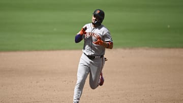 Aug 21, 2025; San Diego, California, USA; San Francisco Giants shortstop Willy Adames (2) rounds the bases after hitting a solo home run during the sixth inning against the San Diego Padres at Petco Park. Mandatory Credit: Denis Poroy-Imagn Images