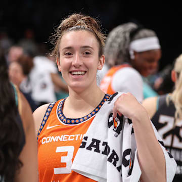 May 9, 2025; Brooklyn, NY, USA;  Connecticut Sun guard Marina Mabrey (3) at Barclays Center. Mandatory Credit: Wendell Cruz-Imagn Images