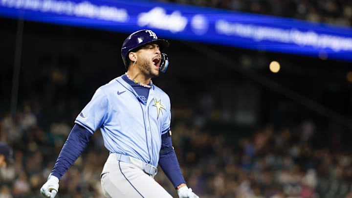Aug 27, 2024; Seattle, Washington, USA; Tampa Bay Rays center fielder Jose Siri (22) reacts while running the bases after hitting a two-run home run against the Seattle Mariners during the seventh inning at T-Mobile Park.