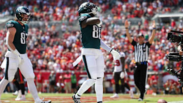 Sep 29, 2024; Tampa, Florida, USA; Philadelphia Eagles wide receiver Parris Campbell (80) celebrates after scoring a touchdown against the Tampa Bay Buccaneers in the second quarter at Raymond James Stadium. Mandatory Credit: Nathan Ray Seebeck-Imagn Images