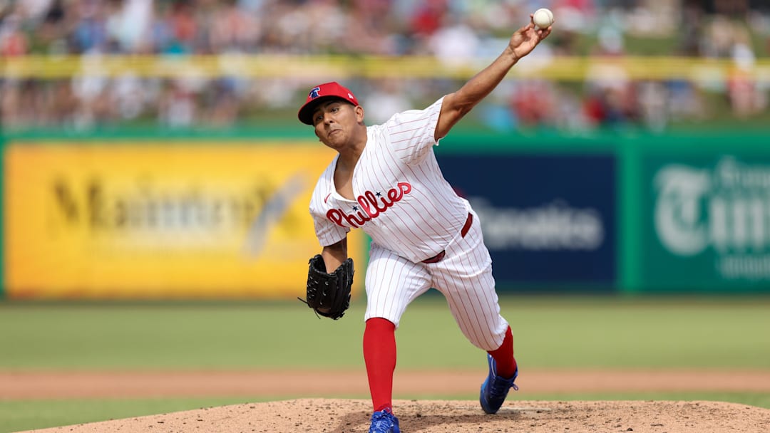 Mar 4, 2025; Clearwater, Florida, USA; Philadelphia Phillies pitcher Ranger Suarez (55) throws a pitch against the New York Yankees in the fifth inning during spring training at BayCare Ballpark.