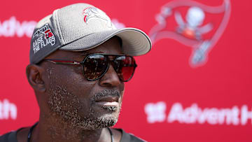 Tampa Bay Buccaneers head coach Todd Bowles gives a press conference after mini camp at AdventHealth Training Center. (Mandatory Credit: Nathan Ray Seebeck-Imagn Images)