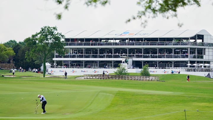 May 2, 2024; McKinney, Texas, USA; A general view of grandstands on the 18th green as Max Greyserman