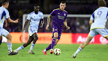 Oct 19, 2024; Orlando, Florida, USA; Orlando City defender Kyle Smith (24) controls the ball against Atlanta United in the second half at Inter&Co Stadium. Mandatory Credit: Nathan Ray Seebeck-Imagn Images