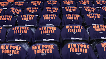T-shirts for the fans are placed on the seats prior to game three of the second round for the 2025 NBA Playoffs between the Boston Celtics and the New York Knicks at Madison Square Garden. 