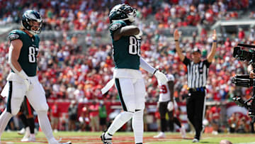 Sep 29, 2024; Tampa, Florida, USA; Philadelphia Eagles wide receiver Parris Campbell (80) celebrates after scoring a touchdown against the Tampa Bay Buccaneers in the second quarter at Raymond James Stadium. Mandatory Credit: Nathan Ray Seebeck-Imagn Images