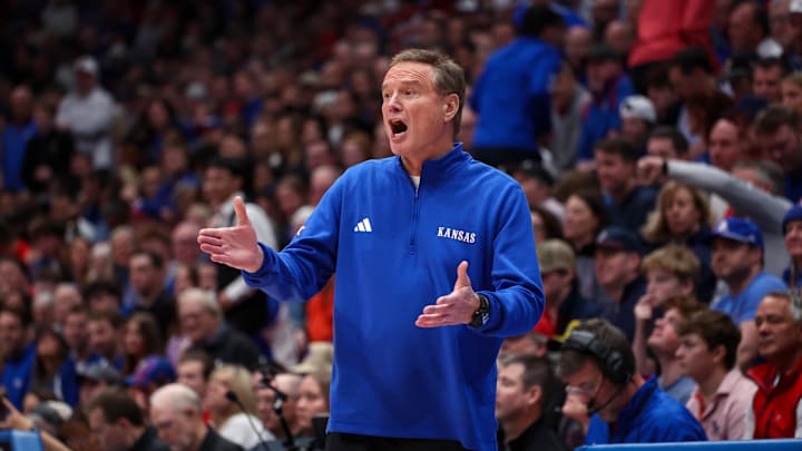 Mar 7, 2026; Lawrence, Kansas, USA; Kansas Jayhawks head coach Bill Self questions a call by the official during the second half against the Kansas State Wildcats at Allen Fieldhouse. Mandatory Credit: Scott Sewell-Imagn Images