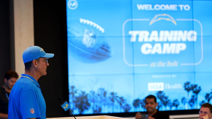 Jul 24, 2024; El Segundo, CA, USA;  Los Angeles Chargers head coach Jim Harbaugh speaks to the media after the first day of training camp at The Bolt. Mandatory Credit: Kiyoshi Mio-USA TODAY Sports