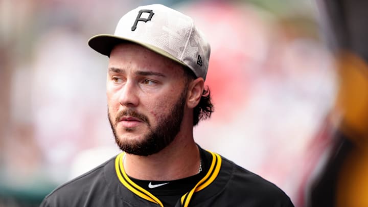 Pittsburgh Pirates starting pitcher Paul Skenes (30) looks on against the Philadelphia Phillies in the ninth inning at Citizens Bank Park. Pittsburgh Pirates starting pitcher Paul Skenes (30) looks on against the Philadelphia Phillies in the ninth inning at Citizens Bank Park.