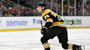 Jan 14, 2025; Boston, Massachusetts, USA; Boston Bruins defenseman Michael Callahan (79) skates against the Tampa Bay Lightning during the first period at the TD Garden. Mandatory Credit: Brian Fluharty-Imagn Images