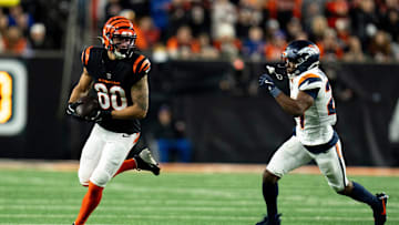 Cincinnati Bengals wide receiver Andrei Iosivas (80) runs downfield as Denver Broncos cornerback Ja'Quan McMillian (29) chases in the second quarter of the NFL game at Paycor Stadium in Cincinnati on Saturday, Dec. 28, 2024.