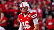 Nov 23, 2024; Lincoln, Nebraska, USA; Nebraska Cornhuskers quarterback Dylan Raiola (15) waits for a snap against the Wisconsin Badgers during the first quarter at Memorial Stadium.