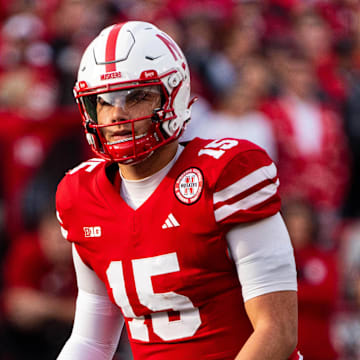 Nov 23, 2024; Lincoln, Nebraska, USA; Nebraska Cornhuskers quarterback Dylan Raiola (15) waits for a snap against the Wisconsin Badgers during the first quarter at Memorial Stadium.