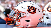 Sep 23, 2023; College Station, Texas, USA; A detailed view of an Auburn Tigers helmet on the sideline of the game against the Texas A&M Aggies at Kyle Field. Mandatory Credit: Maria Lysaker-Imagn Images