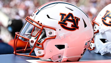 Sep 23, 2023; College Station, Texas, USA; A detailed view of an Auburn Tigers helmet on the sideline of the game against the Texas A&M Aggies at Kyle Field. Mandatory Credit: Maria Lysaker-Imagn Images