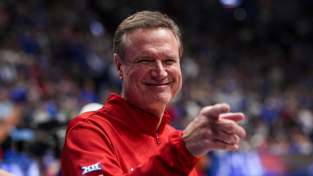Dec 16, 2025; Lawrence, Kansas, USA; Kansas Jayhawks head coach Bill Self reacts prior to a game against the Towson Tigers at Allen Fieldhouse. Mandatory Credit: Jay Biggerstaff-Imagn Images