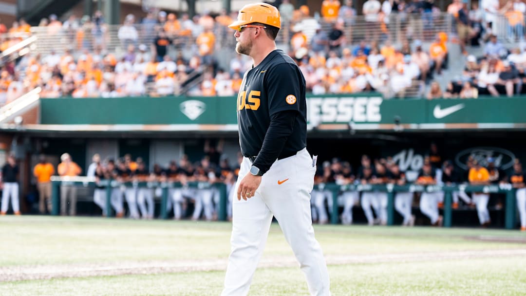 Tennessee assistant head coach Josh Elander during a college baseball game between Tennessee and Vanderbilt at Lindsey Nelson Stadium in Knoxville, Tenn., on May 9, 2025.