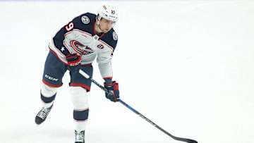 Mar 21, 2025; Pittsburgh, Pennsylvania, USA; Columbus Blue Jackets right wing Yegor Chinakhov (59) warms up before the game against the Pittsburgh Penguins at PPG Paints Arena. Mandatory Credit: Charles LeClaire-Imagn Images