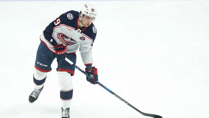 Mar 21, 2025; Pittsburgh, Pennsylvania, USA; Columbus Blue Jackets right wing Yegor Chinakhov (59) warms up before the game against the Pittsburgh Penguins at PPG Paints Arena. Mandatory Credit: Charles LeClaire-Imagn Images
