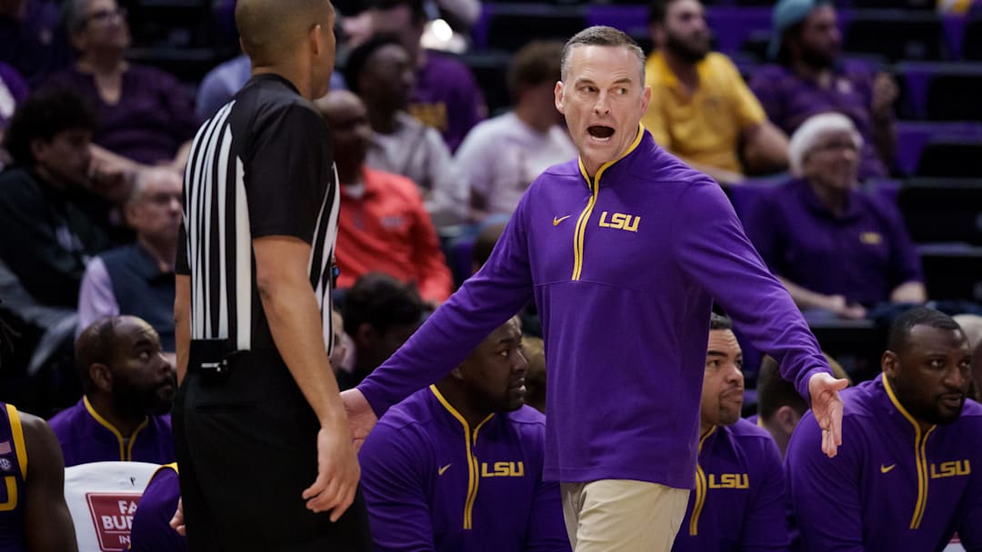 Feb 10, 2026; New Orleans, Louisiana, USA; LSU Tigers head coach Matt McMahon reacts during the first half against the Arkansas Razorbacks at Smoothie King Center. Mandatory Credit: Matthew Hinton-Imagn Images