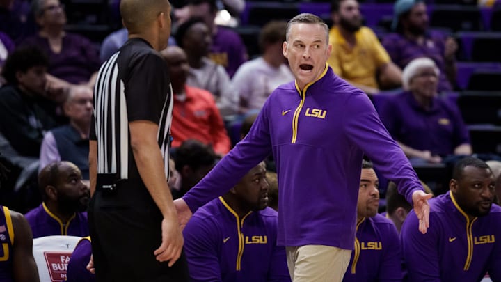 Feb 10, 2026; New Orleans, Louisiana, USA; LSU Tigers head coach Matt McMahon reacts during the first half against the Arkansas Razorbacks at Smoothie King Center. Mandatory Credit: Matthew Hinton-Imagn Images