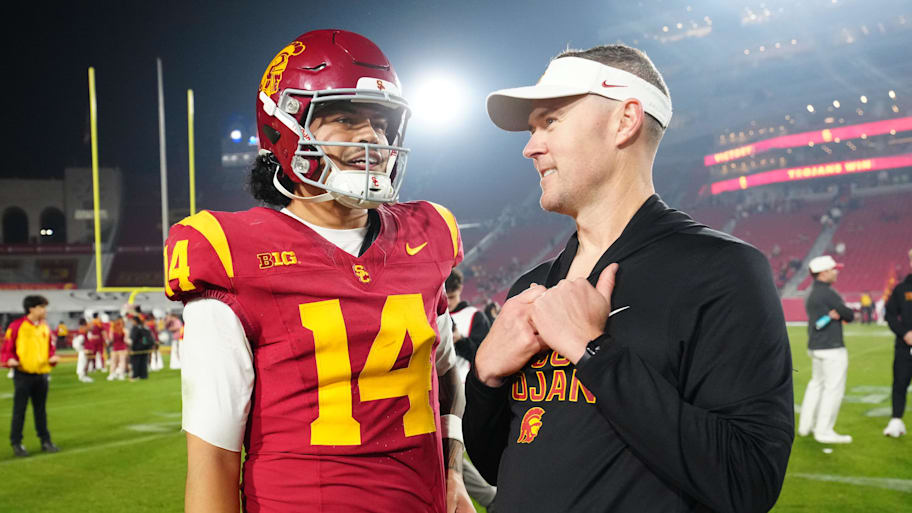  USC quarterback Jayden Maiava, left, and head coach Lincoln Riley 