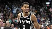 Mar 29, 2024; San Antonio, Texas, USA; San Antonio Spurs forwards Victor Wembanyama (1) reacts after an overtime victory over the New York Knicks at Frost Bank Center. Mandatory Credit: Scott Wachter-Imagn Images