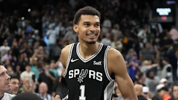 Mar 29, 2024; San Antonio, Texas, USA; San Antonio Spurs forwards Victor Wembanyama (1) reacts after an overtime victory over the New York Knicks at Frost Bank Center. Mandatory Credit: Scott Wachter-Imagn Images