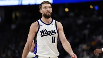 Jan 23, 2025; Denver, Colorado, USA; Sacramento Kings forward Domantas Sabonis (11) during the second half against the Denver Nuggets at Ball Arena. Mandatory Credit: Ron Chenoy-Imagn Images