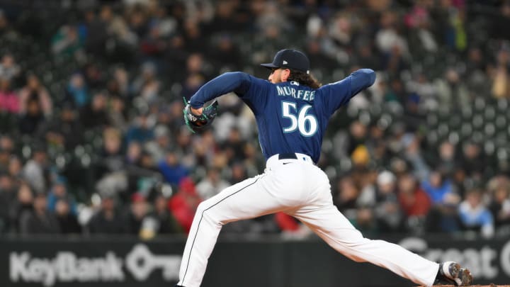 Seattle Mariners relief pitcher Penn Murfee (56) pitches to the Los Angeles Angels during the fifth inning at T-Mobile Park in 2023.