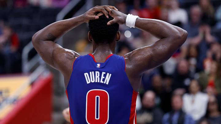 Mar 28, 2025; Detroit, Michigan, USA;  Detroit Pistons center Jalen Duren (0) reacts during the second half against the Cleveland Cavaliers at Little Caesars Arena. Mandatory Credit: Rick Osentoski-Imagn Images