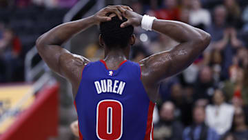 Mar 28, 2025; Detroit, Michigan, USA;  Detroit Pistons center Jalen Duren (0) reacts during the second half against the Cleveland Cavaliers at Little Caesars Arena. Mandatory Credit: Rick Osentoski-Imagn Images