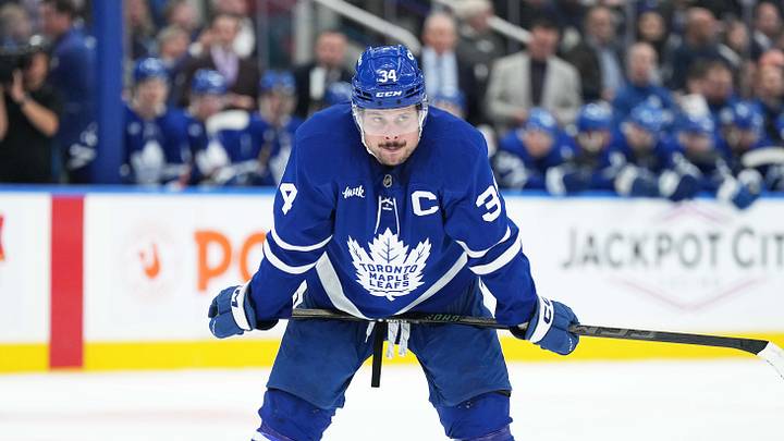 Oct 19, 2024; Toronto, Ontario, CAN; Toronto Maple Leafs center Auston Matthews (34) waits for the faceoff against the New York Rangers during the third period at Scotiabank Arena. Mandatory Credit: Nick Turchiaro-Imagn Images