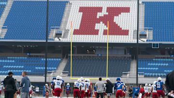 Kansas football practices for the first time inside David Booth Kansas Memorial Stadium after renovations on Aug. 1, 2025.