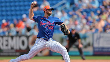 Feb 27, 2025; Port St. Lucie, Florida, USA; New York Mets starting pitcher Clay Holmes (35) delivers a pitch against the Houston Astros during the first inning at Clover Park. Mandatory Credit: Sam Navarro-Imagn Images