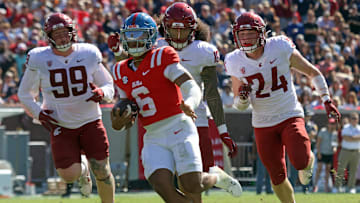 Oct 11, 2025; Oxford, Mississippi, USA; Mississippi Rebels quarterback Trinidad Chambliss (6) runs the ball for a touchdown during the third quarter against the Washington State Cougars at Vaught-Hemingway Stadium. Mandatory Credit: Petre Thomas-Imagn Images