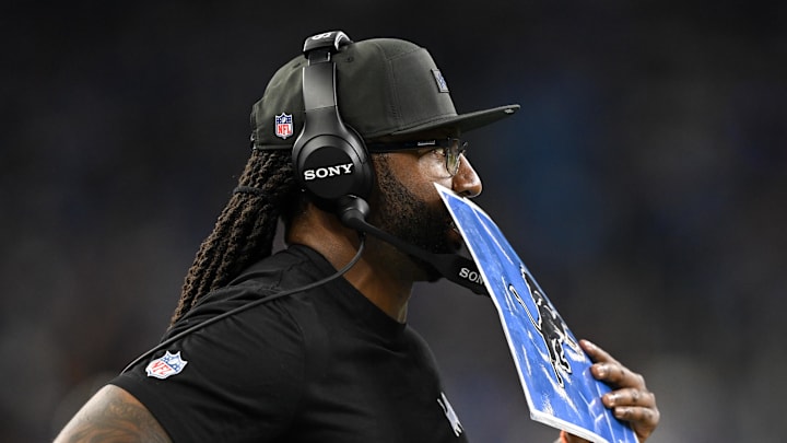 Sep 14, 2025; Detroit, Michigan, USA; Detroit Lions defensive coordinator Kelvin Sheppard looks on during the second quarter of the game against the Chicago Bears at Ford Field. Mandatory Credit: Lon Horwedel-Imagn Images