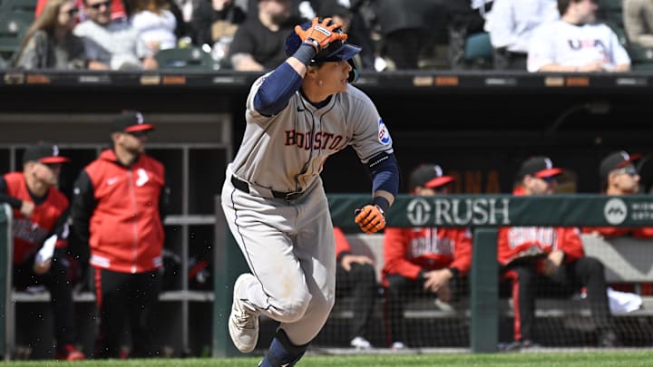 Houston Astros outfielder Jake Meyers (6) holds his helmet after he hit an RBI double during the eighth inning against the Chicago White Sox at Rate Field on May 3. Houston Astros outfielder Jake Meyers (6) holds his helmet after he hit an RBI double during the eighth inning against the Chicago White Sox at Rate Field on May 3.