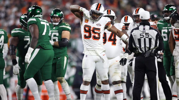 Dec 28, 2023; Cleveland, Ohio, USA; Cleveland Browns defensive end Myles Garrett (95) celebrates after a sack against the New York Jets during the first half at Cleveland Browns Stadium. Mandatory Credit: Scott Galvin-USA TODAY Sports