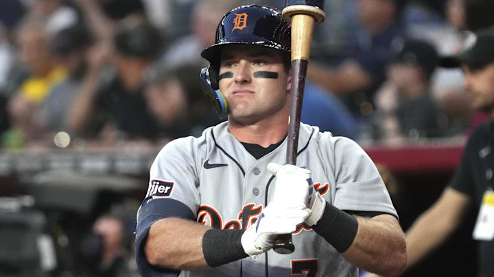 Mar 31, 2026; Phoenix, Arizona, USA; Detroit Tigers shortstop Kevin McGonigle (7) gets ready to hit against the Arizona Diamondbacks in the first inning at Chase Field. Mandatory Credit: Rick Scuteri-Imagn Images